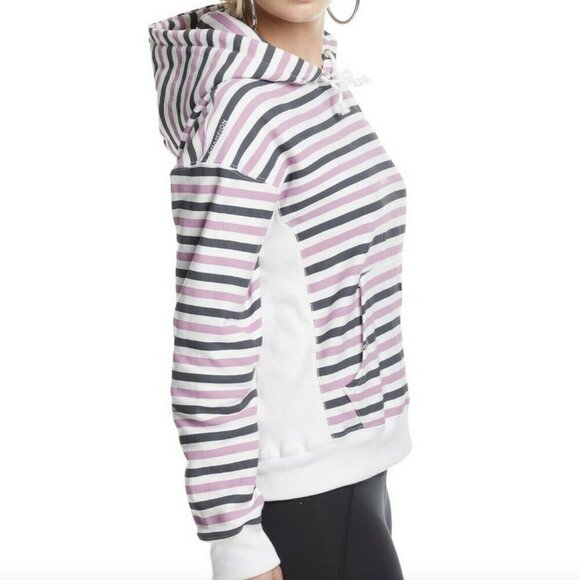 CHAMPION Life Reverse Weave Print Hoodie White Purple Gray Striped Colorblock S - Picture 3 of 16
